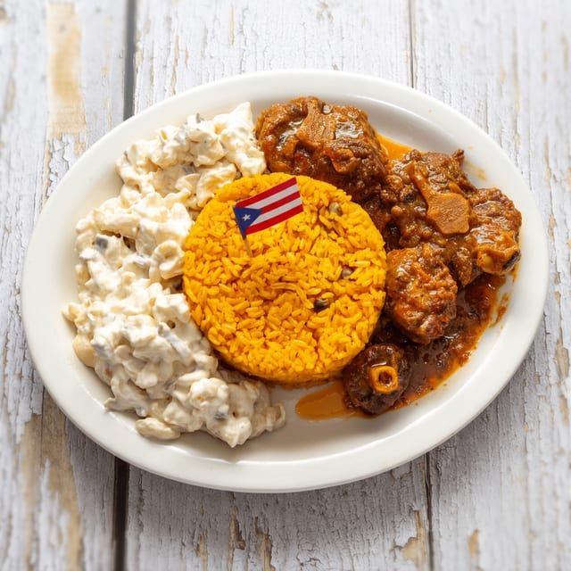 Pollo Guisado Arroz Gandules Coditos.